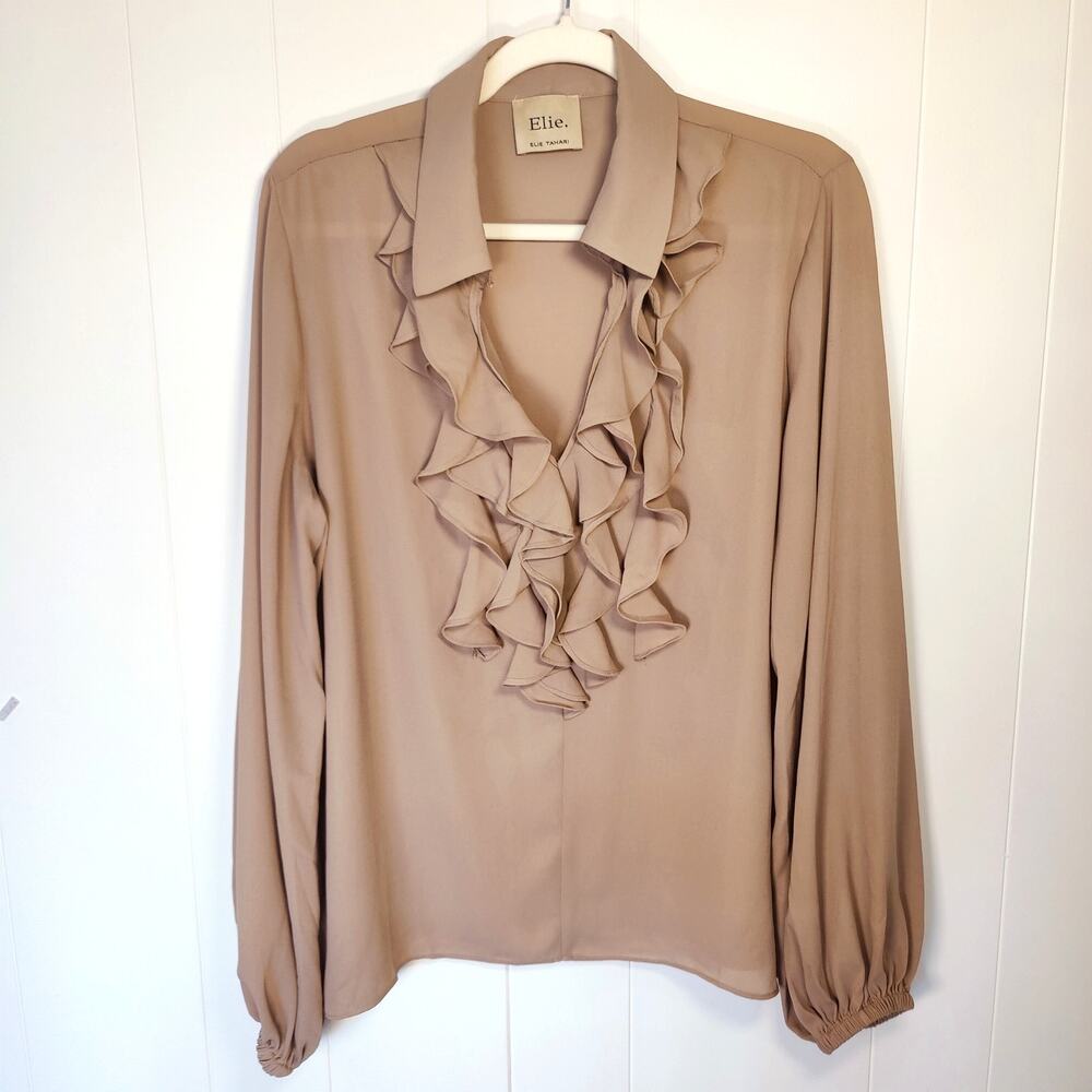 Elie Tahari Neutral Ruffle Blouse Size L Romantic Coquette Quiet Luxury Capsule